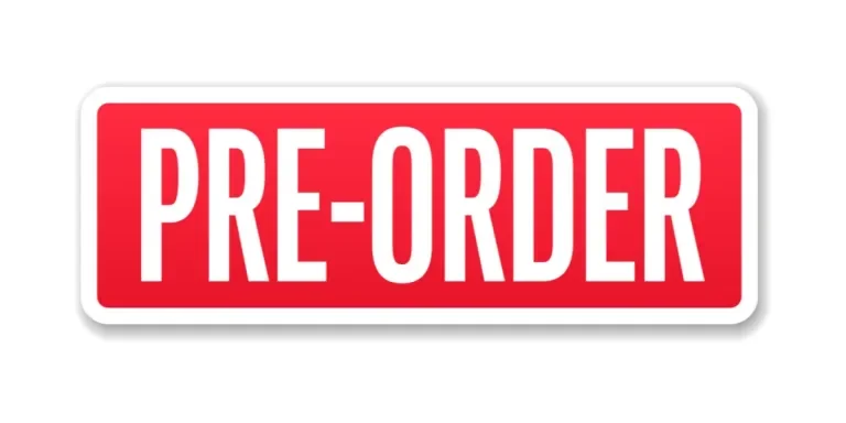 A red pre-order banner on a white background