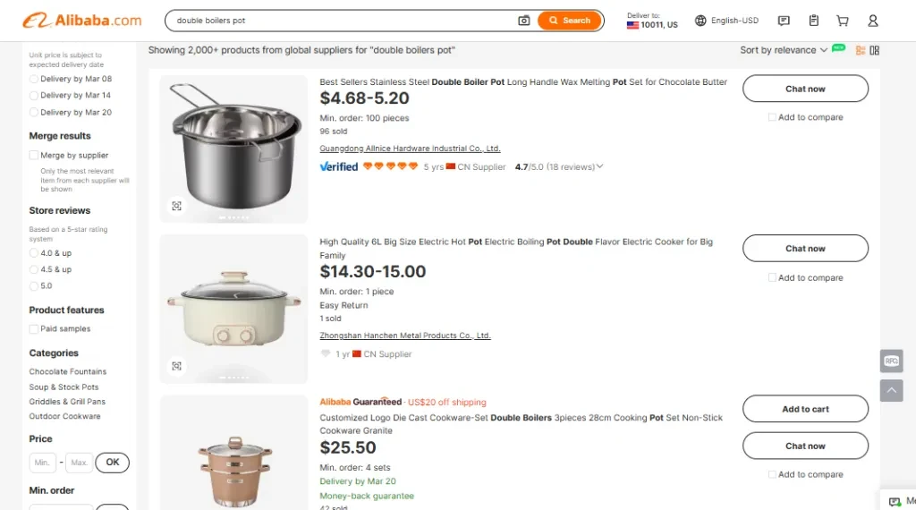 A screenshot of double boilers on Alibaba