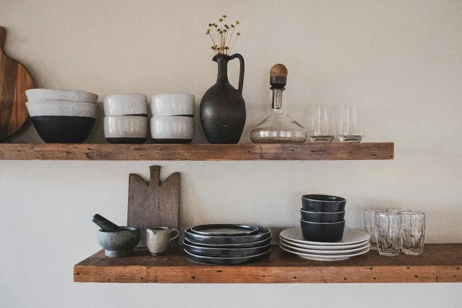 A shelf with plates and dishes