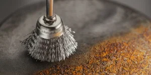 A wire brush cleaning an old metal sheet