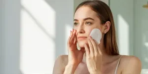 A woman uses makeup for facial care