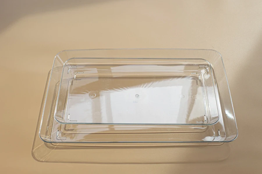 An empty clear acrylic trays