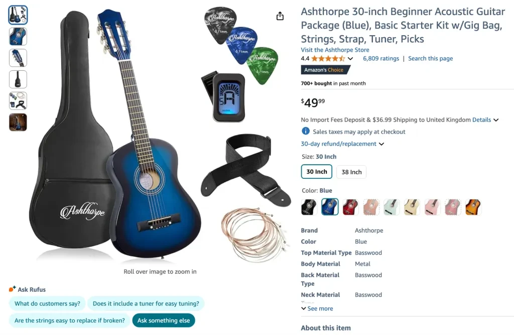 Ashthorpe 30-inch beginner acoustic guitar package