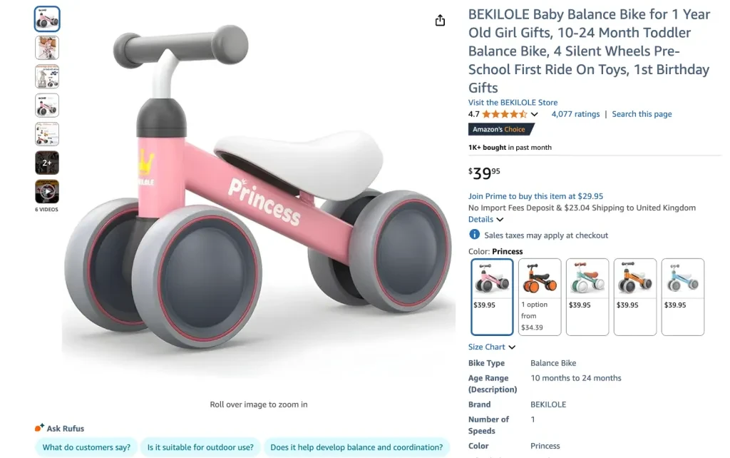 Bekilole Baby Balance Bike for 1-Year-Old Girl