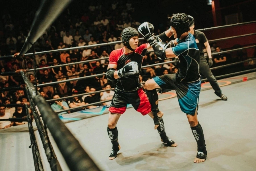 Blue and Red Kick Boxing in Ring