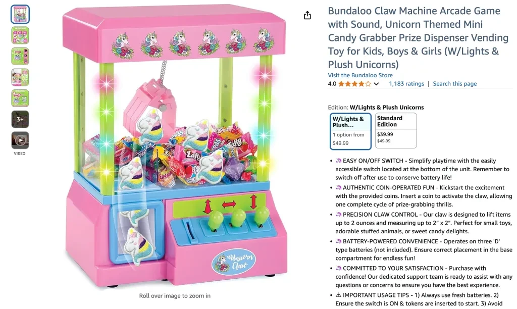 Bundaloo Claw Machine Arcade Game with Sound