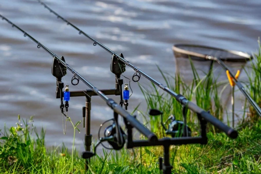 Carp fishing rods standing on special tripods