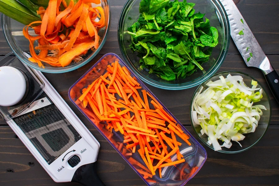 Carrots and other vegetables cut with a mandoline