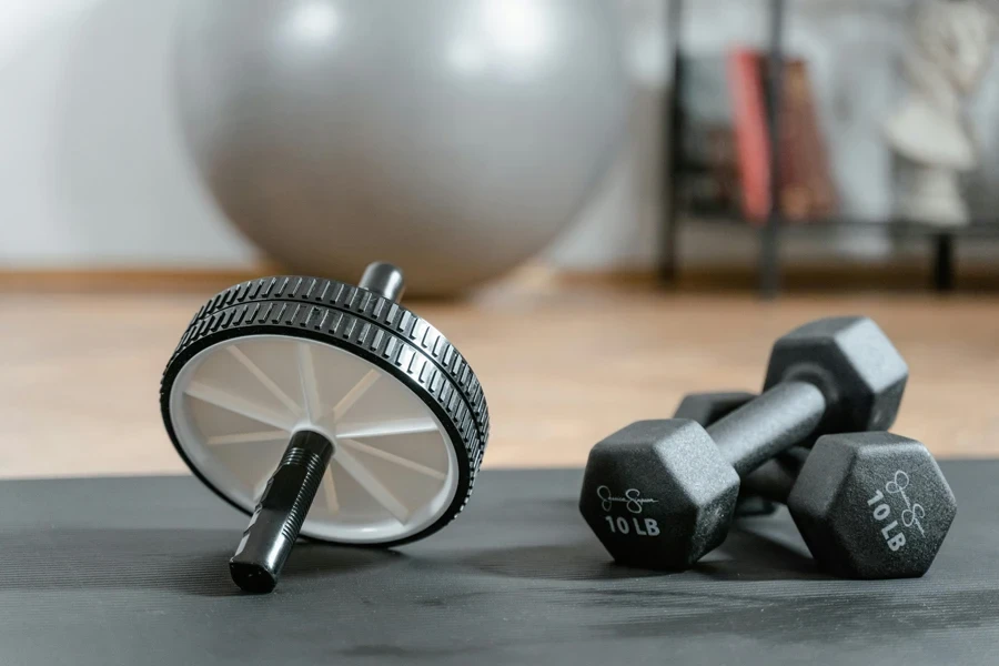 Close-up of ab wheel and dumbbells on a mat in a home gym setting