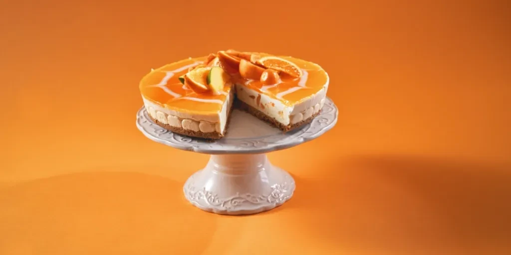 Creamy orange cheesecake on a cakestand