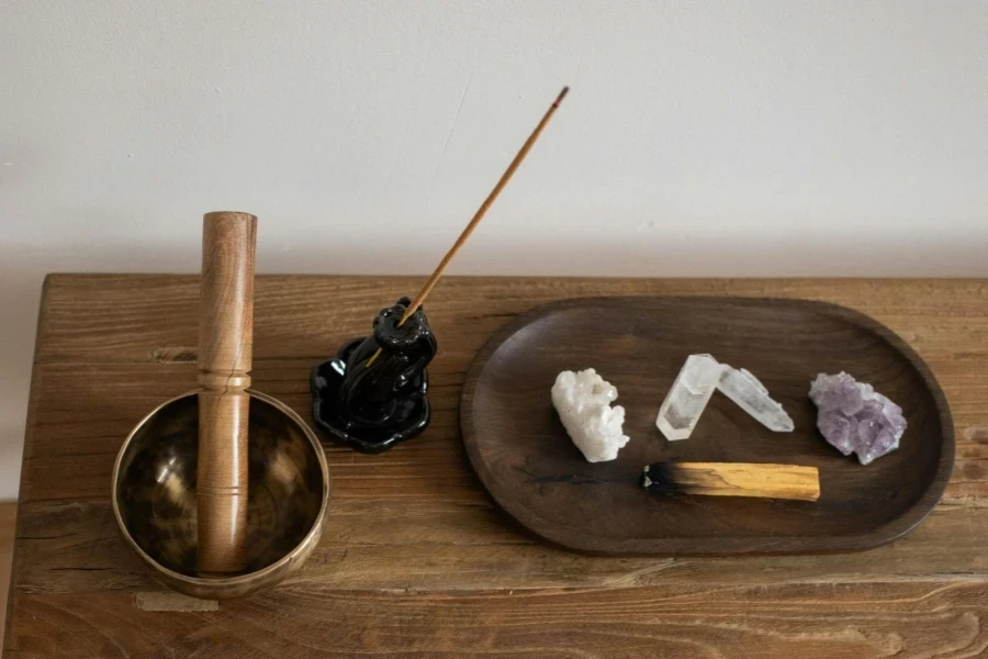 Crystals and Burnt Wood on Table