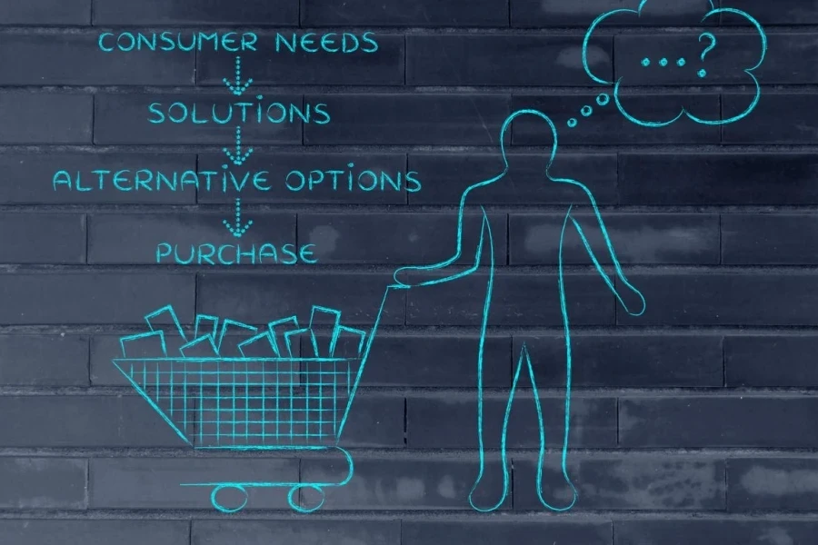 Customer with shopping cart choosing what to buy
