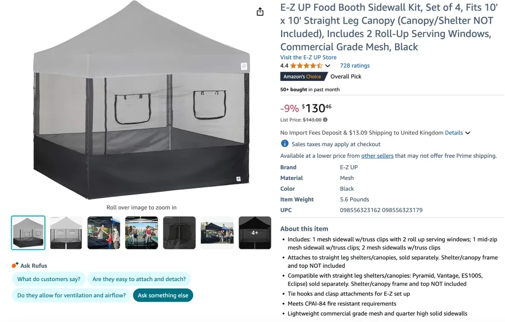 E-Z UP Food Booth Sidewall Kit, Set of 4
