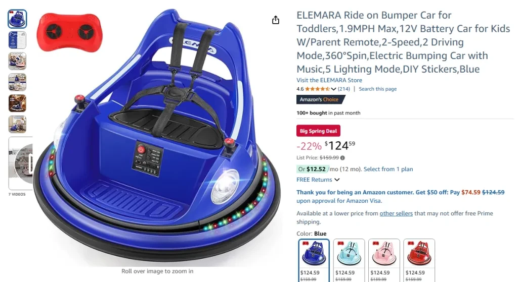 ELEMARA Ride-On Bumper Car for Toddlers – 12V with Remote, Music & Lights
