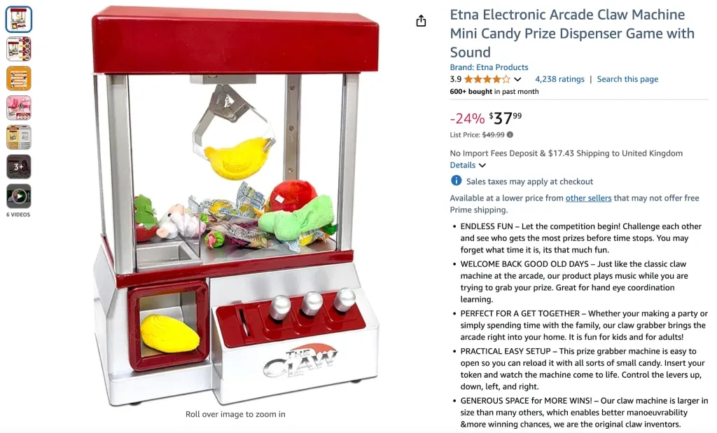 Etna Electronic Arcade Claw Machine Mini Candy Prize