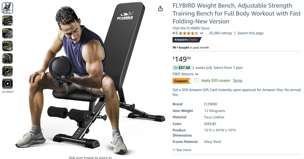 FLYBIRD Weight Bench, Adjustable Strength Training Bench