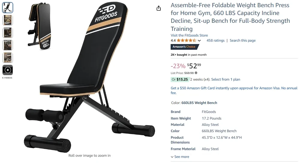 FitGoods Assemble-Free Foldable Weight Bench Press for Home