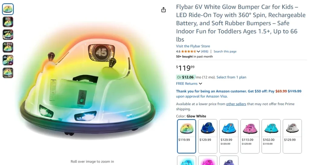 Flybar 6V White Glow Bumper Car for Kids – LED Ride-On with 360° Spin