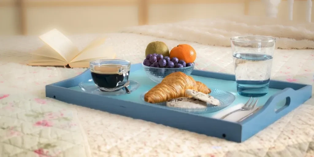 Food, drink, and coffee on serving tray