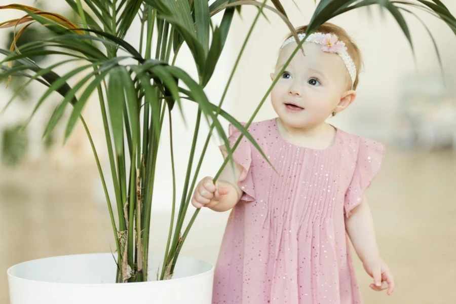 Girl in Pink Dress Holding Green Plant