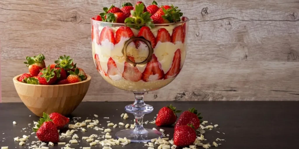 Glass cup filled with strawberry trifle beside a bowl