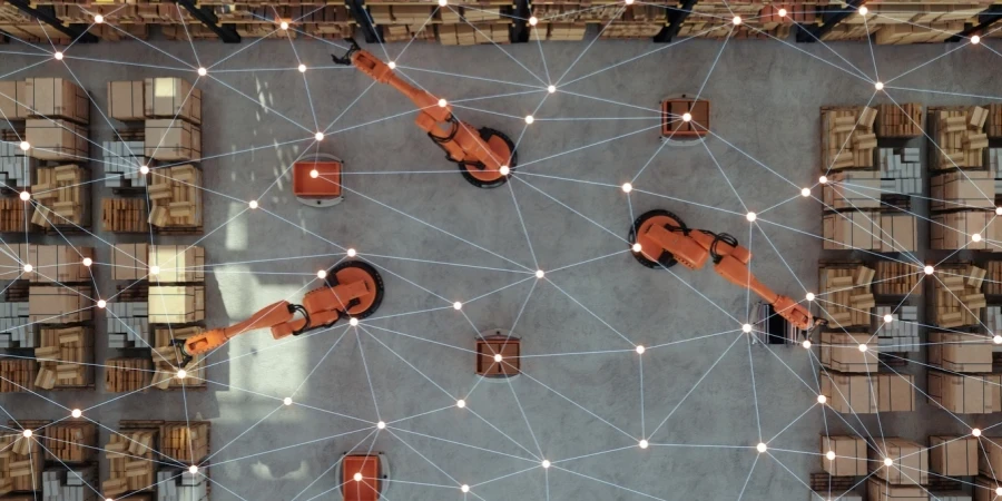 High angle view of smart warehouse with plexus and robots