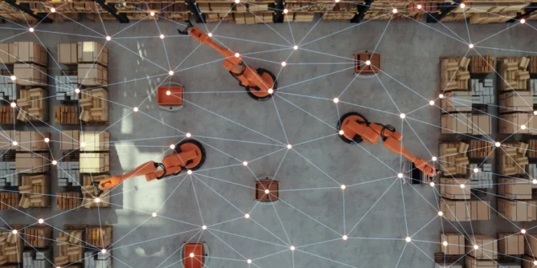 High angle view of smart warehouse with plexus and robots