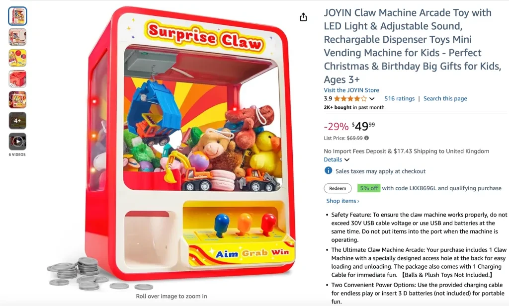 JOYIN Claw Machine Arcade Toy with LED Light & Adjustable Volume