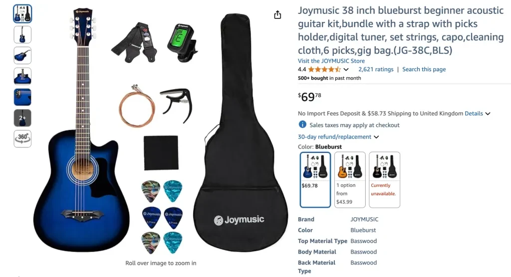 Joymusic 38-inch blueburst beginner acoustic guitar