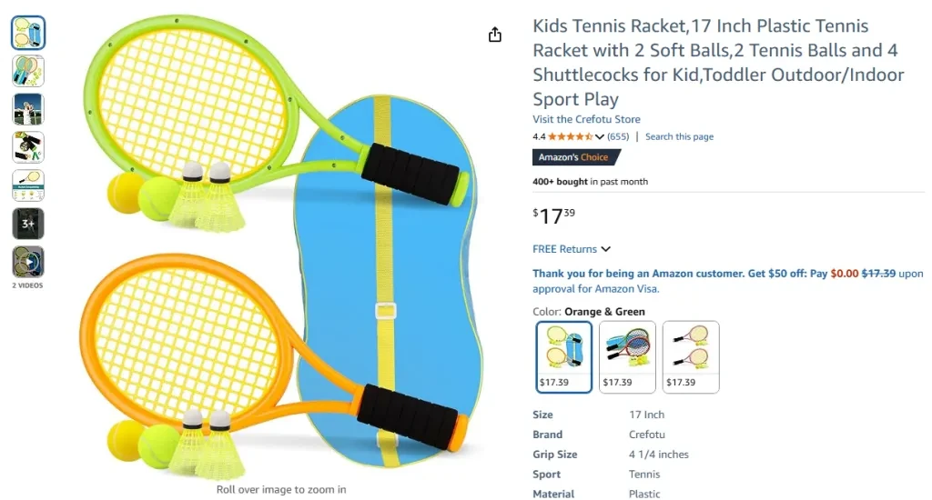 Kids Tennis Racket, 17 Inch Plastic Tennis Racket