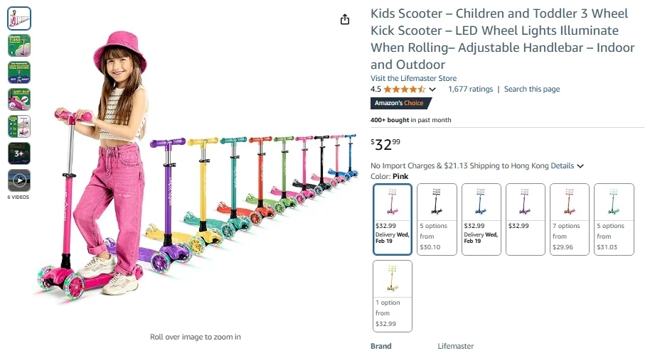 Lifemaster Kids Scooter with LED Lights, Adjustable Handlebar, and Kickstand