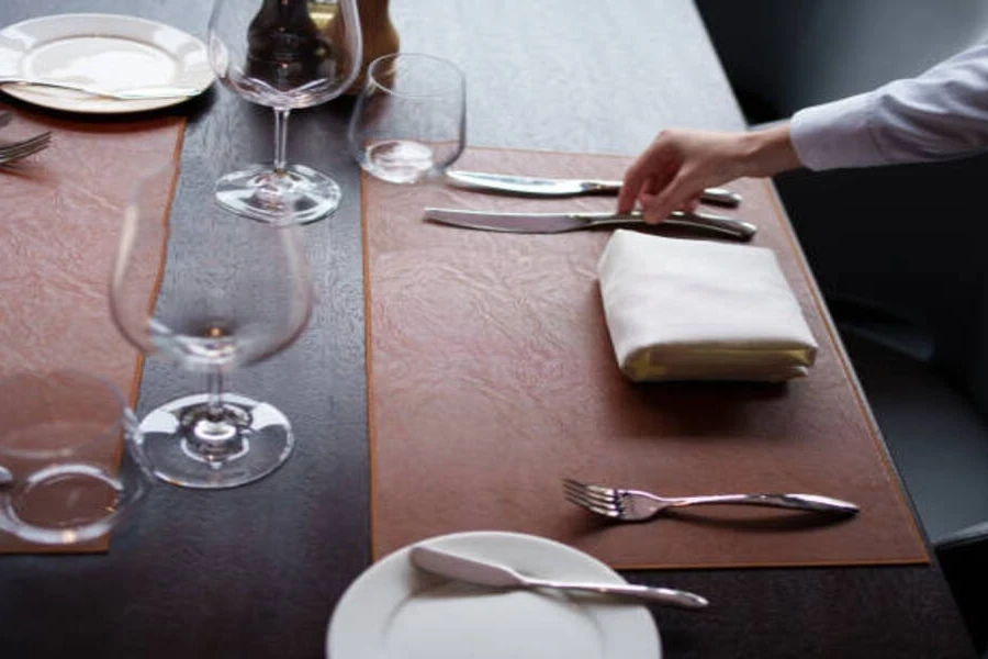 Light brown faux leather placemats in restaurant decor