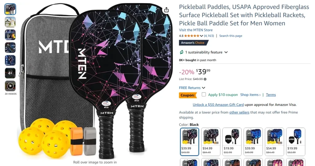 MTEN Pickleball Paddles, USAPA Approved Fiberglass Surface Set