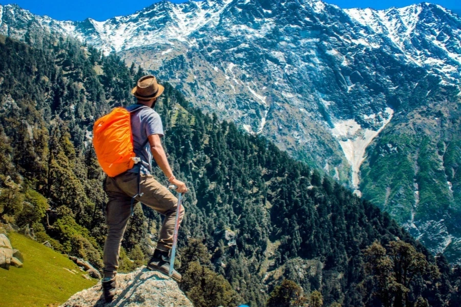 Man Wearing Blue Shirt Standing on Cliff While Watching Mountain