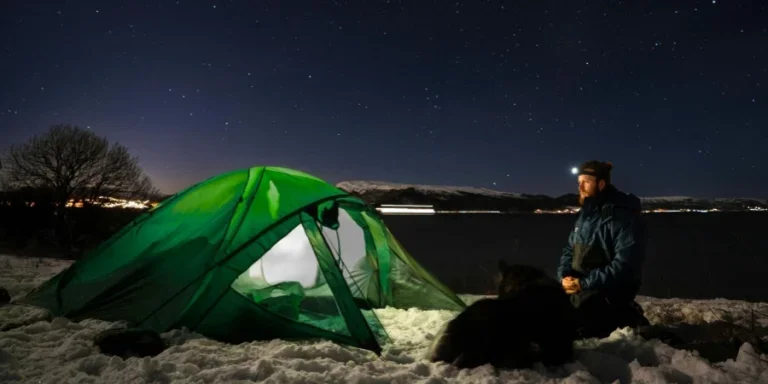 Hombre cerca de una tienda de campaña en un campamento invernal en los fiordos