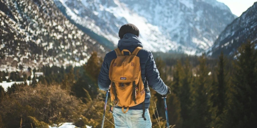 Men's Blue Leather Jacket and Brown Backpack