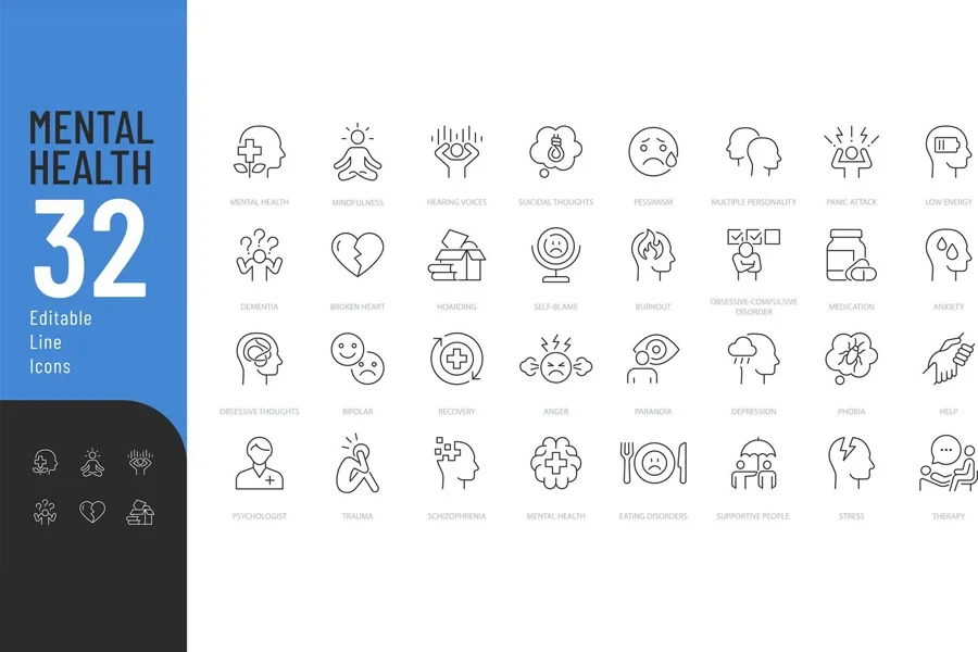 Mental Health Line Editable Icons set