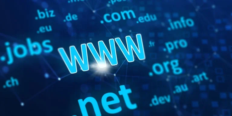 Multiple domain names on a blue tech background