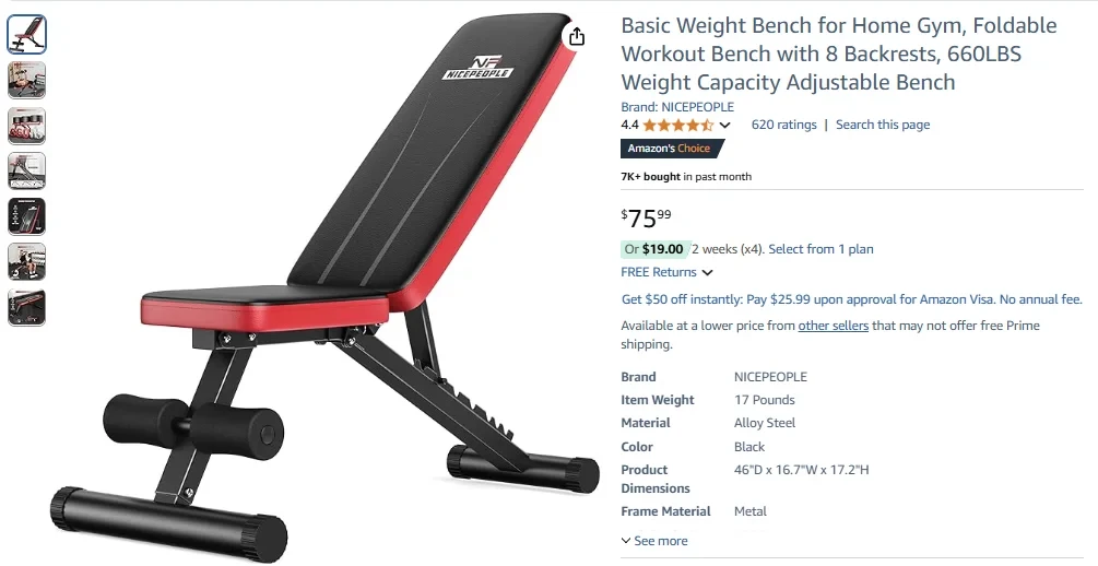 NICEPEOPLE Basic Weight Bench for Home Gym, Foldable Workout Bench