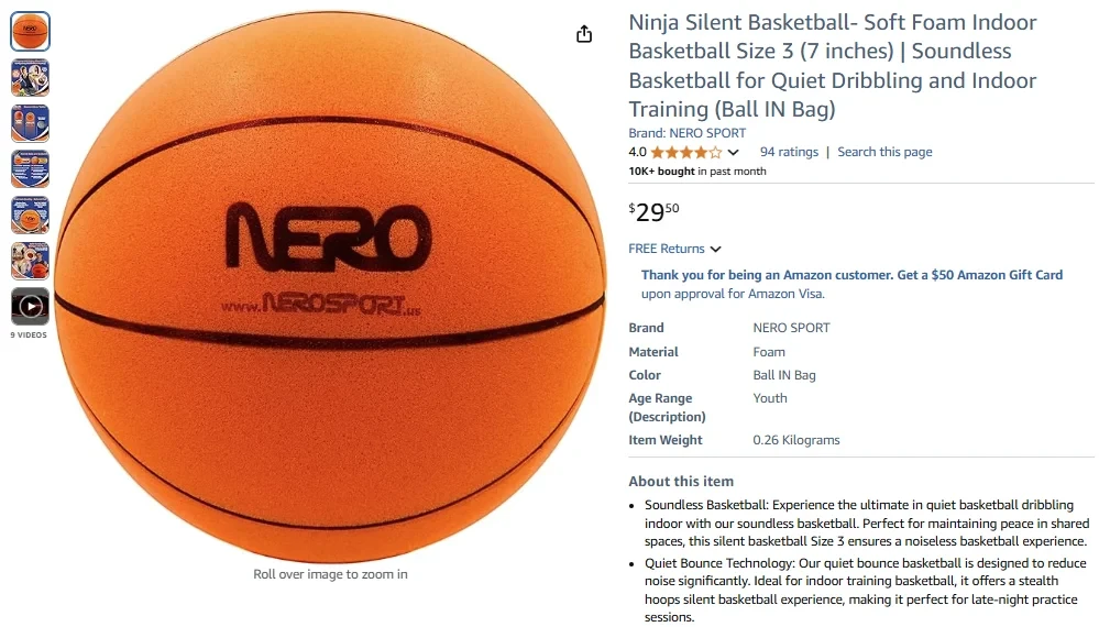 Ninja Silent Basketball - Soft Foam Indoor Basketball, Size 3 (7 inches)