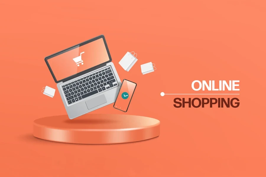 Online shopping next to a laptop and phone
