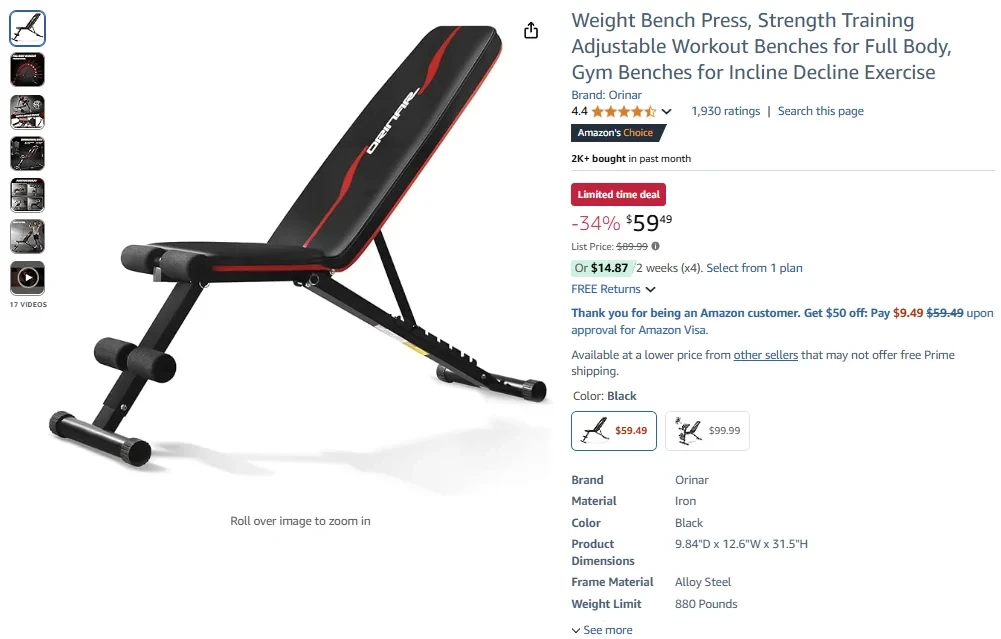 Orinar Weight Bench Press, Strength Training Adjustable Bench