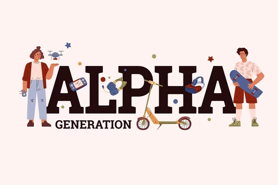 People Generation ALPHA 2010-2020 social development vector typographic banner, cartoon teenagers with game accessories