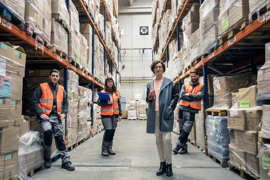 People standing in a stocked warehouse