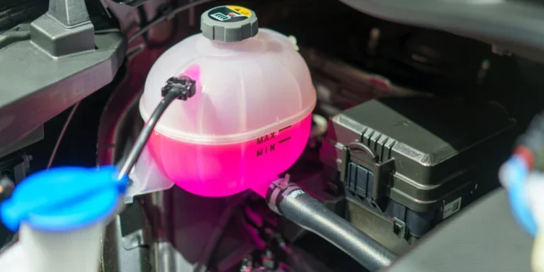 Pink antifreeze liquid in a coolant tank