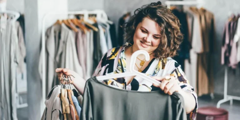 Plus Size Woman Choose Fashioned Dress in Store