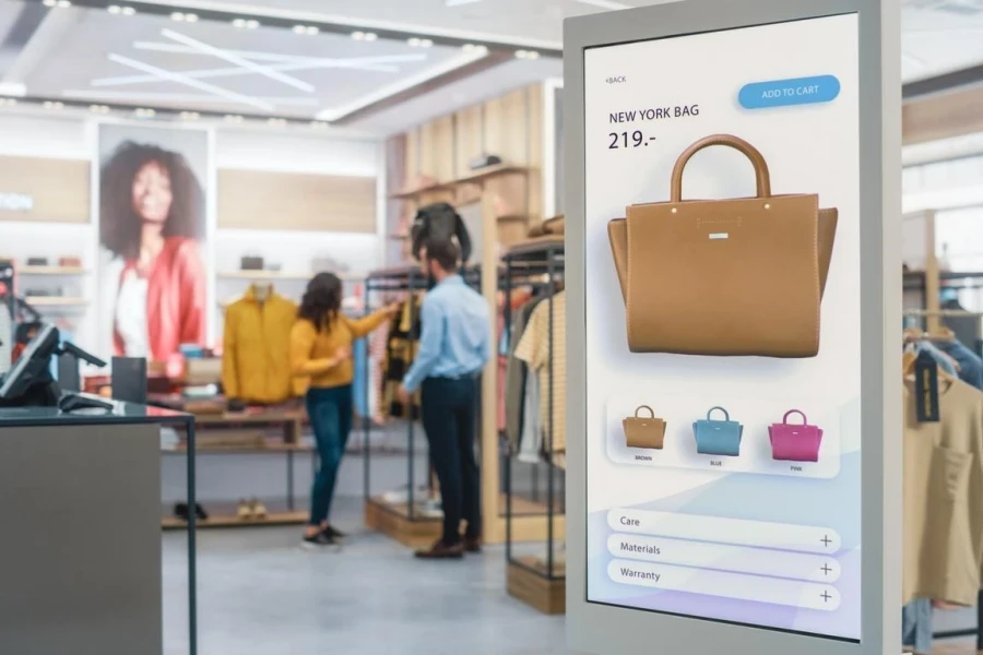 Shot of a Floor-Standing LCD Touch Screen Display with User Interface of Online Clothing Shop Standing in Clothing Store