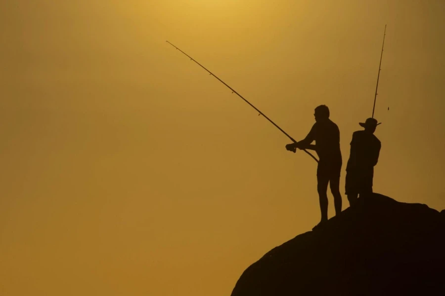 Silhouette Photo of Two Men Holding Fishing Rods Against Body of Water on Hill