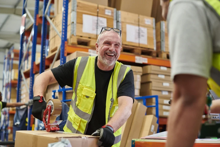 Smilling warehouse pickers arranging orders