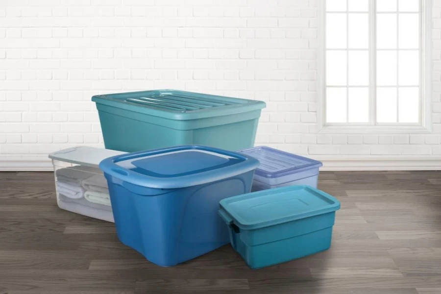 Storage tote boxes in an empty room with a window